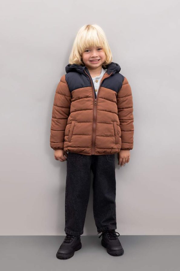 Boys' Water-Resistant Fleece-Lined Color Block Hooded Puffer Jacket