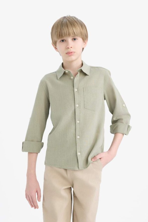 Boys' Long Sleeve Polo Collar Linen Look Shirt