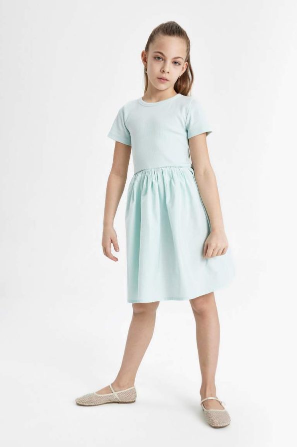 Girls' Short Sleeve Cotton Summer Dress with Bicycle Neck