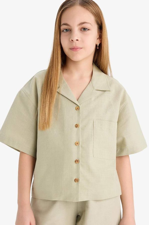 Girls' Cropped Fit Linen Short Sleeve Shirt