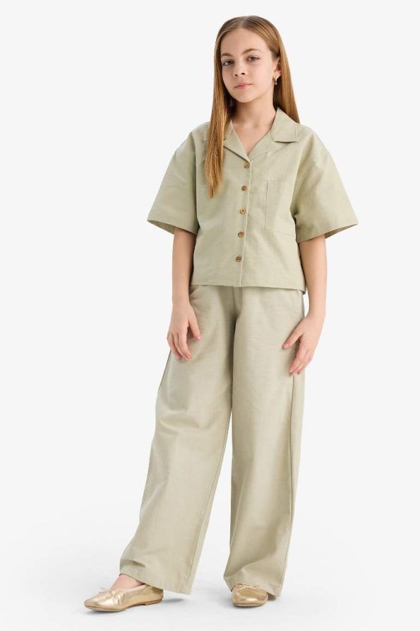 Girls' Cropped Fit Linen Short Sleeve Shirt