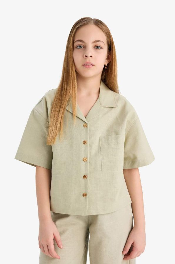 Girls' Cropped Fit Linen Short Sleeve Shirt