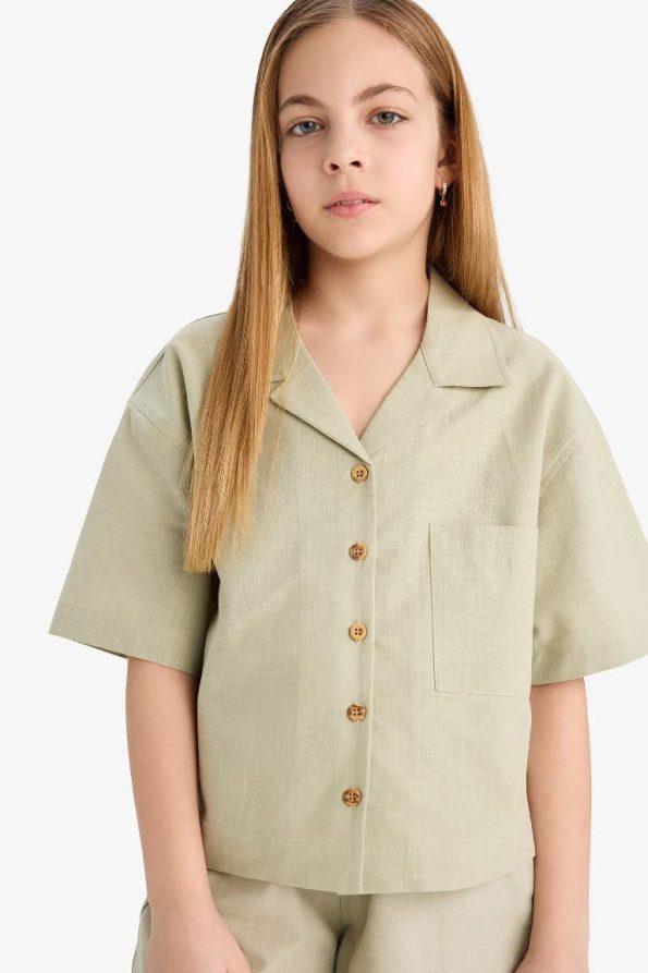 Girls' Cropped Fit Linen Short Sleeve Shirt