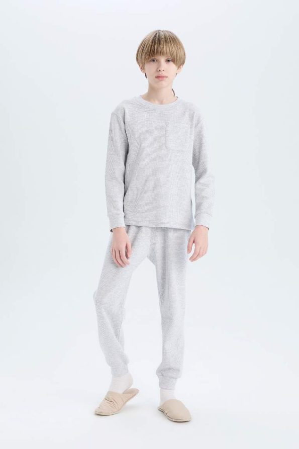 Boys' Waffle Pajama Set with Long Sleeves and Elastic Waist Pants