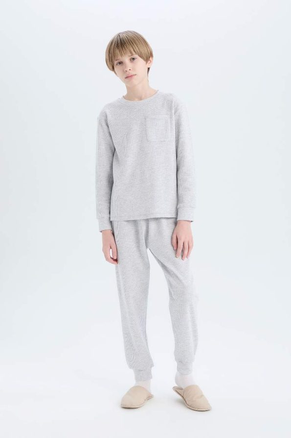 Boys' Waffle Pajama Set with Long Sleeves and Elastic Waist Pants