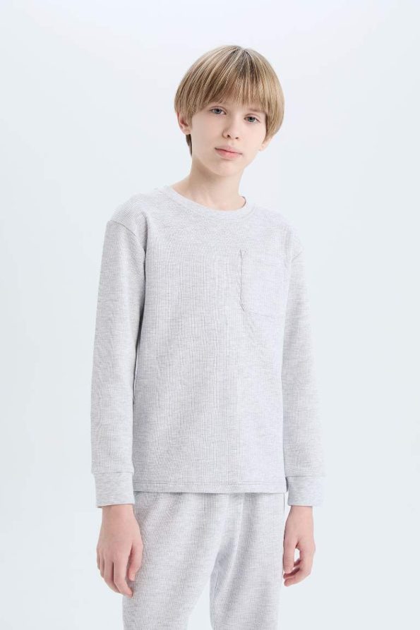 Boys' Waffle Pajama Set with Long Sleeves and Elastic Waist Pants