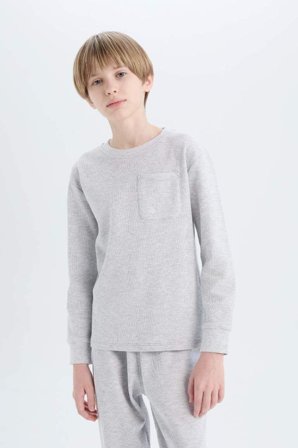Boys' Waffle Pajama Set with Long Sleeves and Elastic Waist Pants
