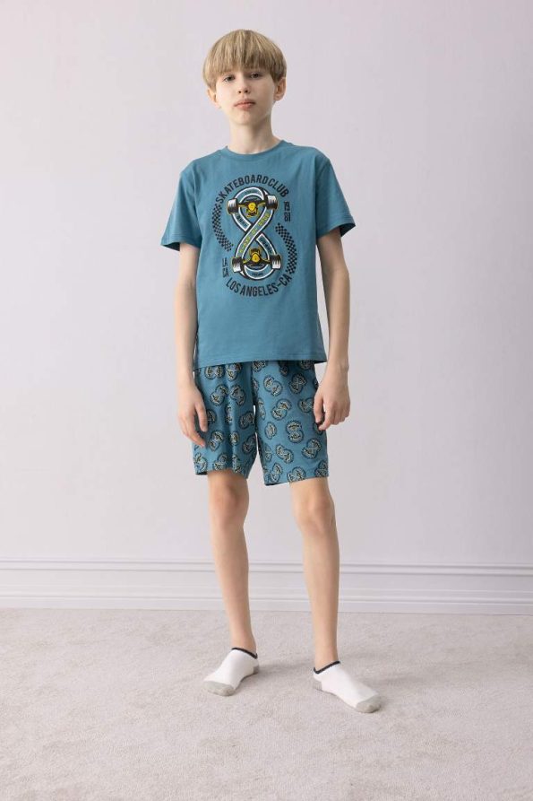 Boys' Printed Short Sleeve Pajama Set with Patterned Shorts