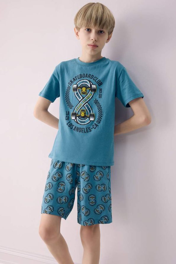 Boys' Printed Short Sleeve Pajama Set with Patterned Shorts