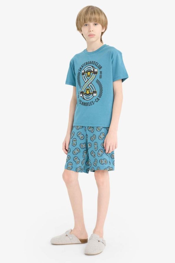 Boys' Printed Short Sleeve Pajama Set with Patterned Shorts