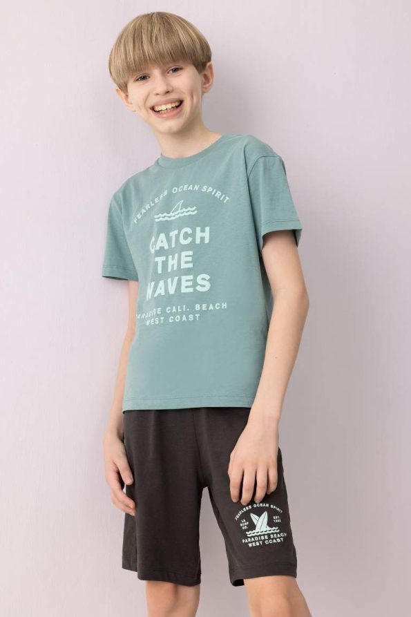 Boys' Printed Short Sleeve Pajama Set with Elastic Waist Shorts