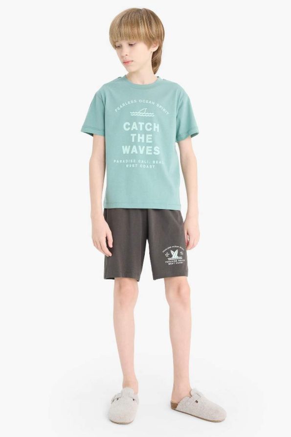 Boys' Printed Short Sleeve Pajama Set with Elastic Waist Shorts