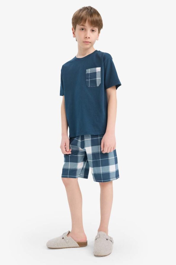 Boys' Short Sleeve Pajama Set with Checkered Shorts
