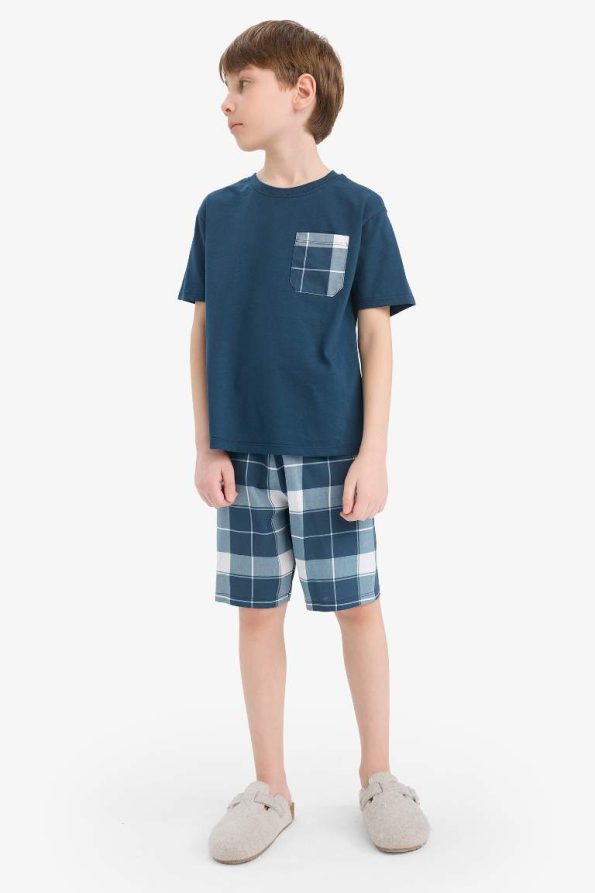 Boys' Short Sleeve Pajama Set with Checkered Shorts