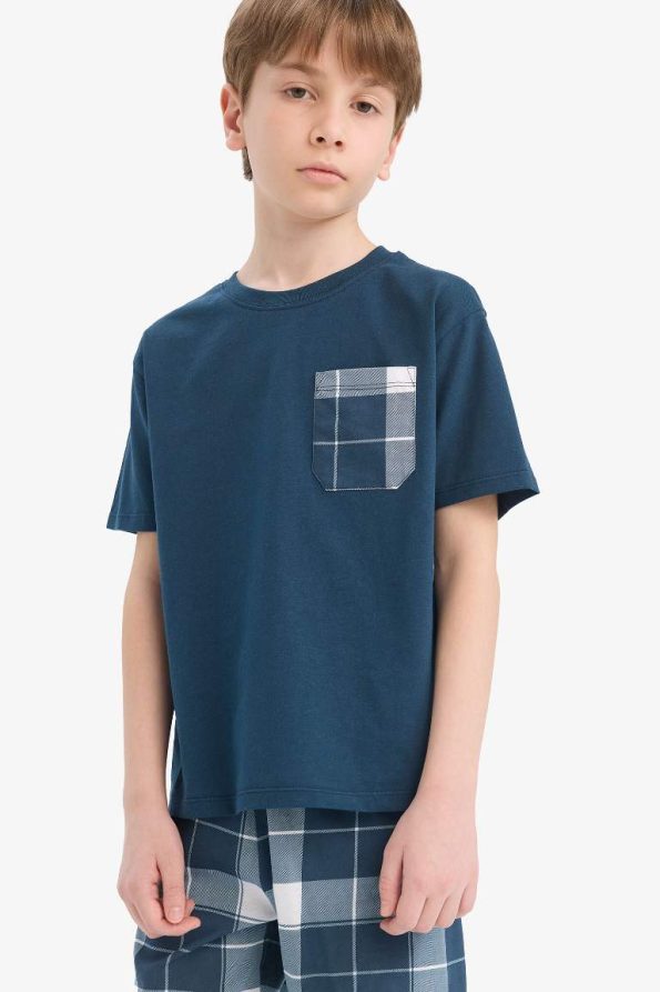 Boys' Short Sleeve Pajama Set with Checkered Shorts