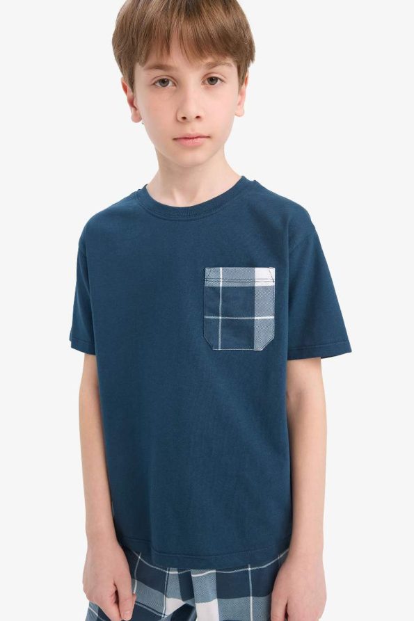Boys' Short Sleeve Pajama Set with Checkered Shorts