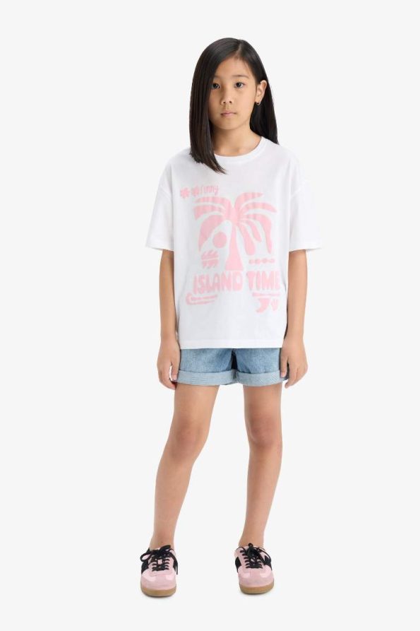 Girls' Oversized Wide Fit Printed Short Sleeve T-Shirt