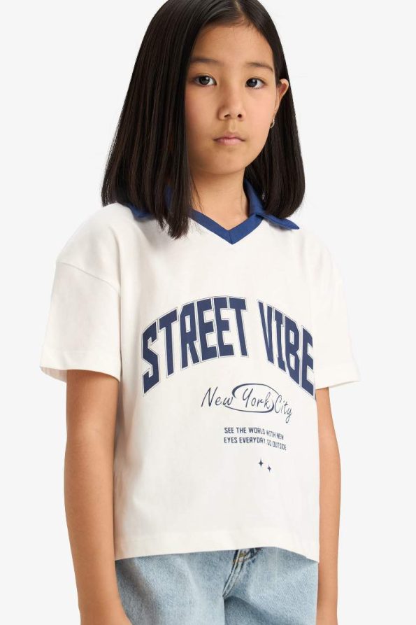 Girls' Boxy Fit Printed Polo Short Sleeve T-Shirt