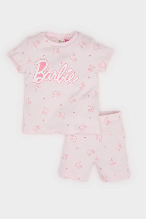 Girls' Barbie Pajama Set Short Sleeve Ribbed Top with Elastic Waist Shorts