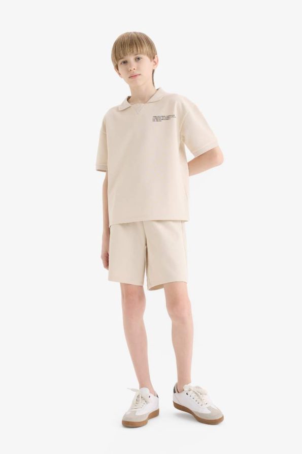 Boys' 2-Piece Set with Polo Collar Printed Short Sleeve T-Shirt and Elastic Waist Shorts