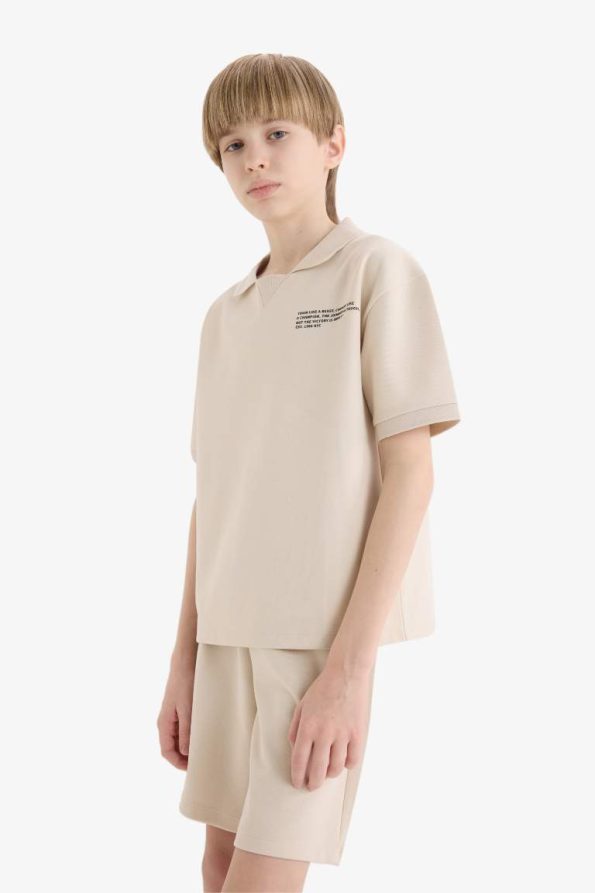 Boys' 2-Piece Set with Polo Collar Printed Short Sleeve T-Shirt and Elastic Waist Shorts