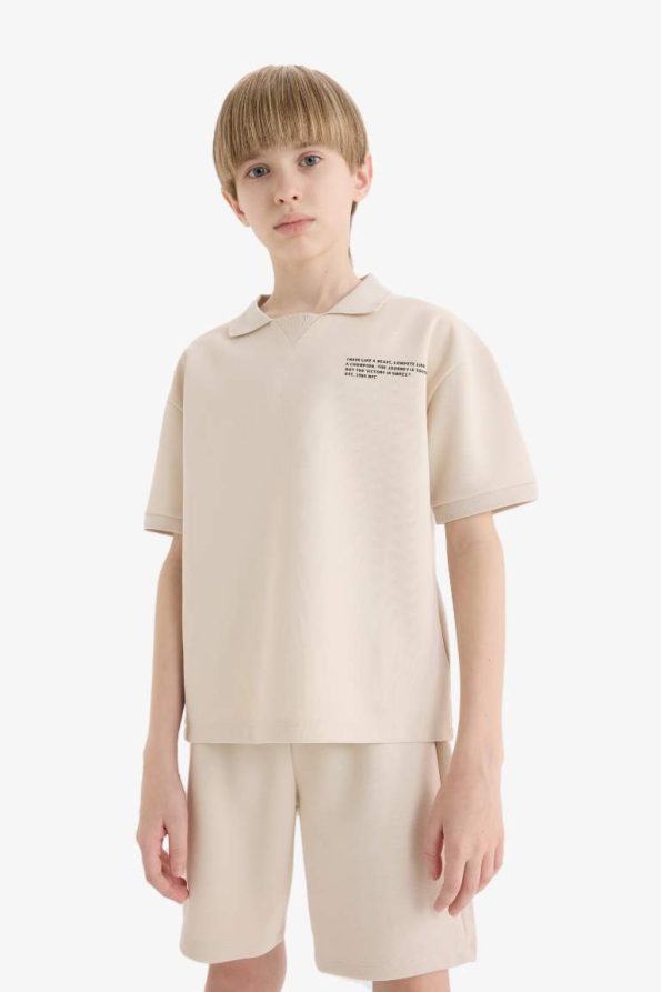 Boys' 2-Piece Set with Polo Collar Printed Short Sleeve T-Shirt and Elastic Waist Shorts