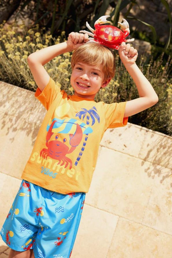 Boys' 2-Piece Crab Print Short Sleeve T-Shirt and Elastic Waist Swim Shorts