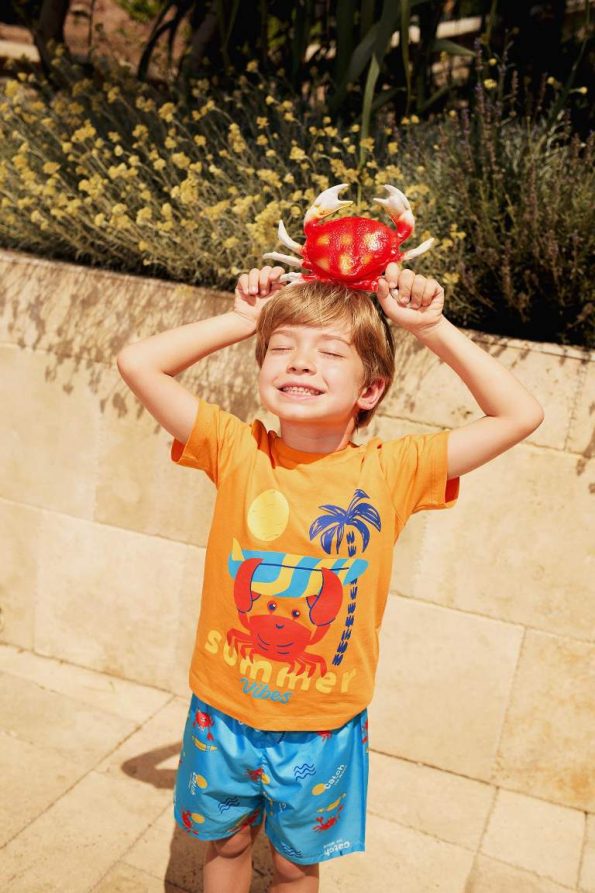 Boys' 2-Piece Crab Print Short Sleeve T-Shirt and Elastic Waist Swim Shorts