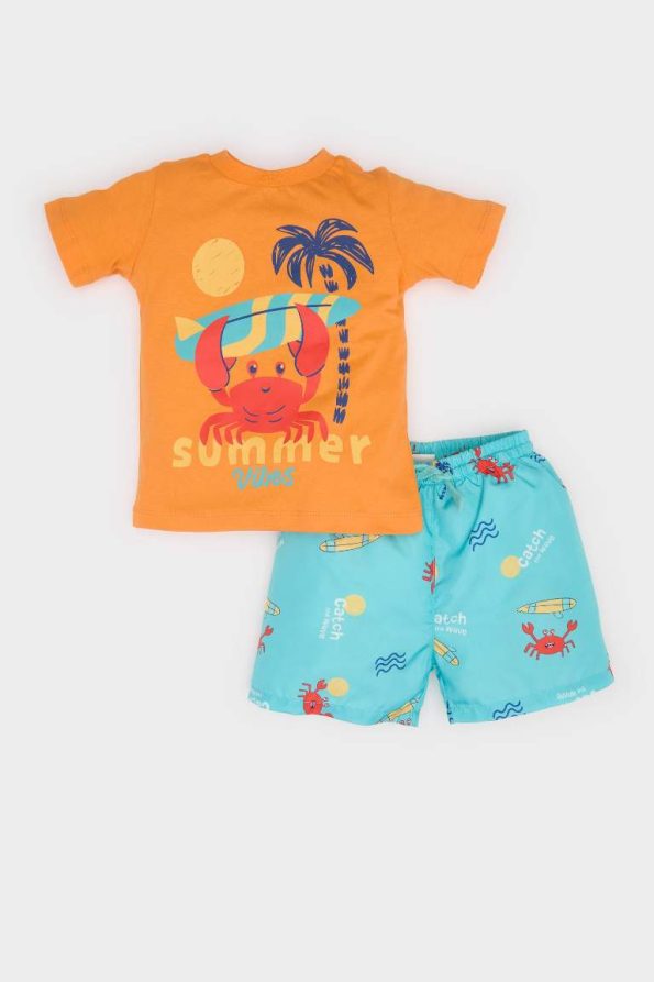 Boys' 2-Piece Crab Print Short Sleeve T-Shirt and Elastic Waist Swim Shorts