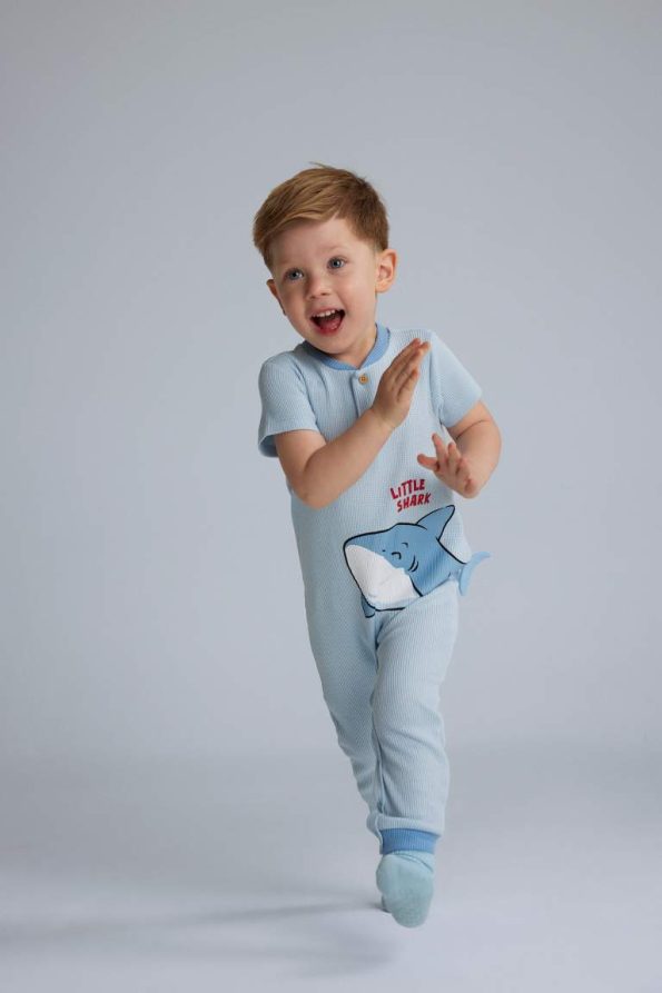 Baby Boy Newborn Shark Print Short Sleeve Waffle Romper