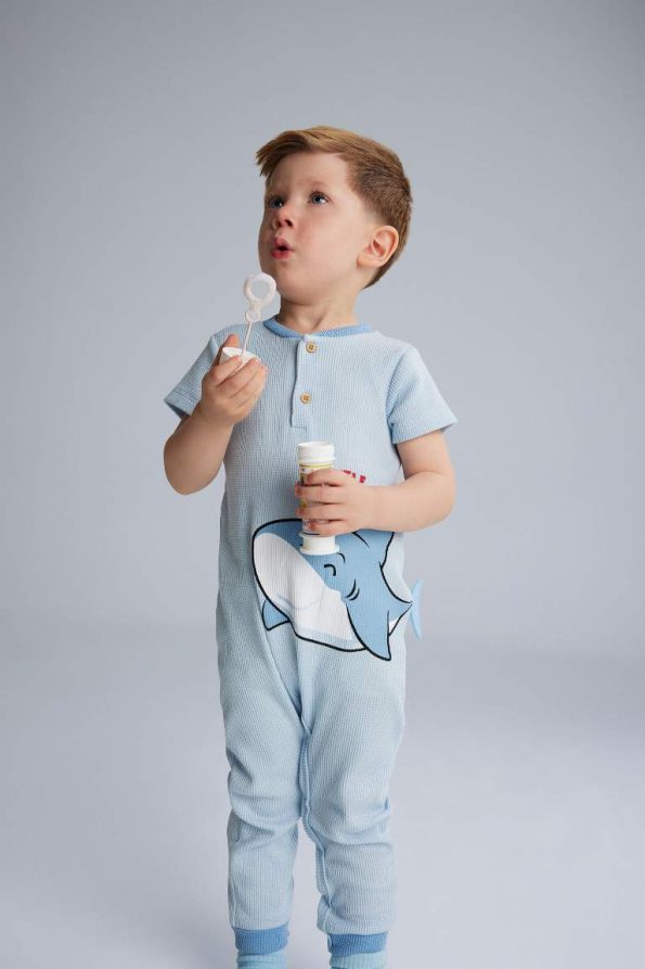 Baby Boy Newborn Shark Print Short Sleeve Waffle Romper