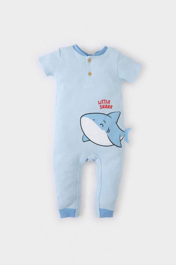 Baby Boy Newborn Shark Print Short Sleeve Waffle Romper