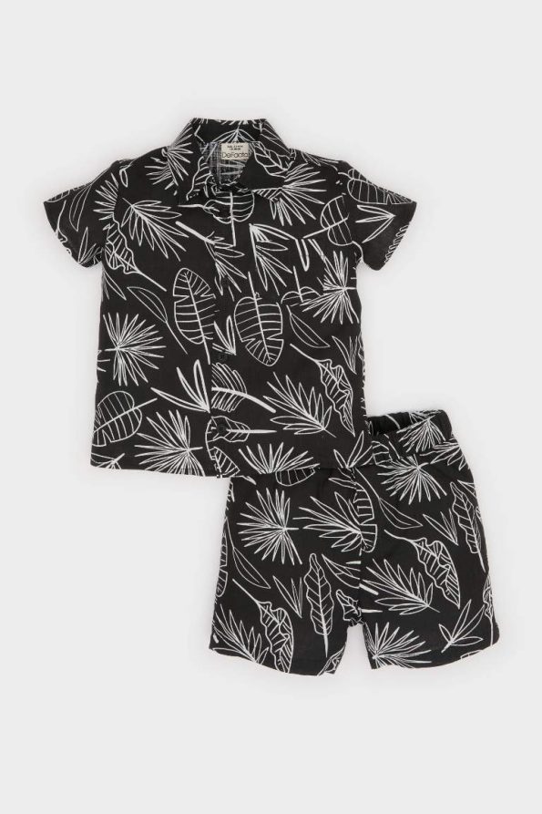 Boys' 2-Piece Set with Patterned Flannel Short Sleeve Shirt and Elastic Waist Shorts