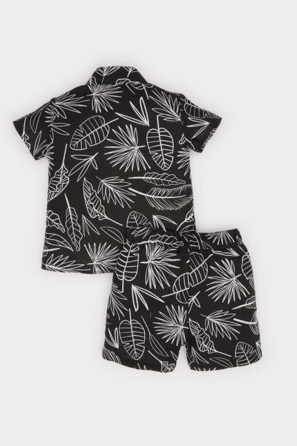 Boys' 2-Piece Set with Patterned Flannel Short Sleeve Shirt and Elastic Waist Shorts