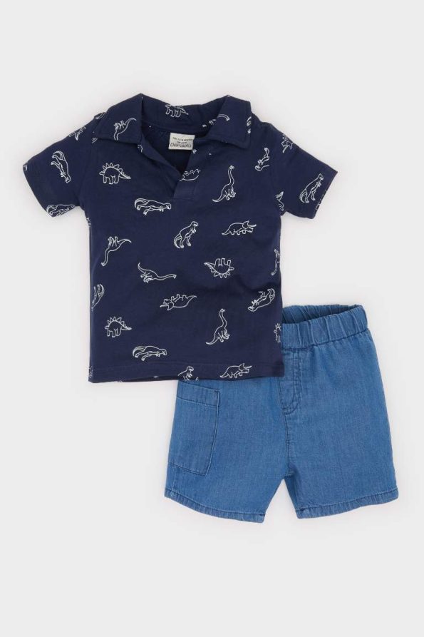 Boys' Dino Print Two-Piece Set with Elastic Waist Short Jeans