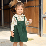 Green Velvet Pinafore and Patterned Shirt Set