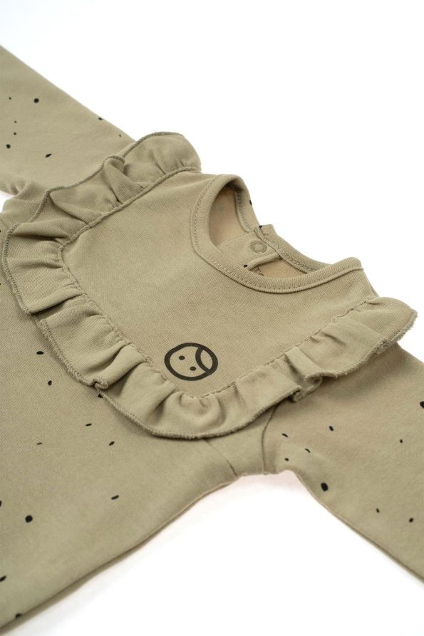 Long Sleeve Ruffled Adjustable Snap Bodysuit Cosmos Khaki Organic Cotton