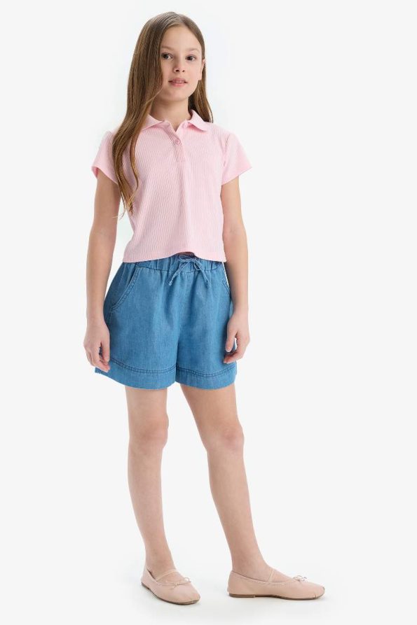 Girls' Slim Fit Polo Collar Basic Ribbed Short Sleeve T-Shirt