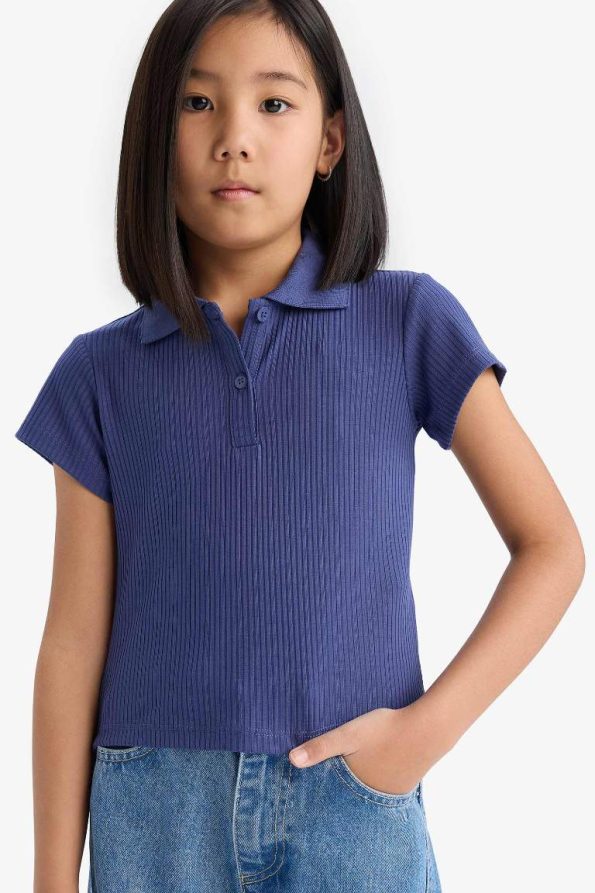 Girls Slim Fit Polo Neck Basic Ribbed Short Sleeve T-Shirt