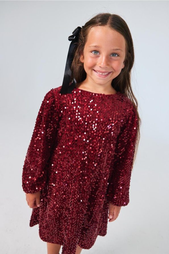 Burgundy Sequin Velvet Dress for Girls - Oriel