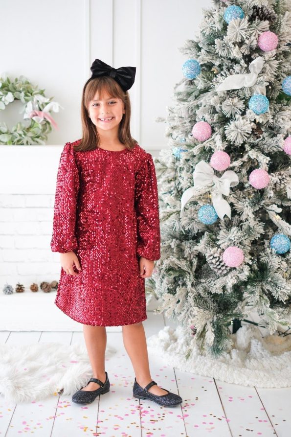 Burgundy Sequin Velvet Dress for Girls - Oriel