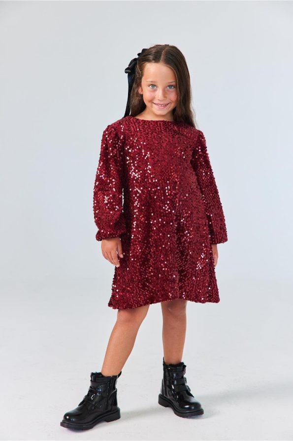 Burgundy Sequin Velvet Dress for Girls - Oriel