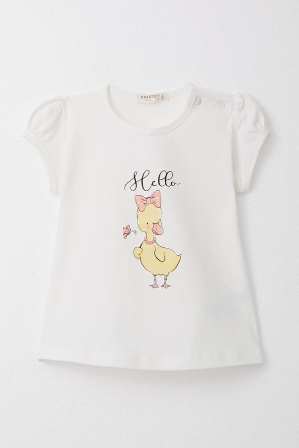 Girls' T-Shirt with Decorative Bow and Duck Print in Ecru (Ages 1-3)