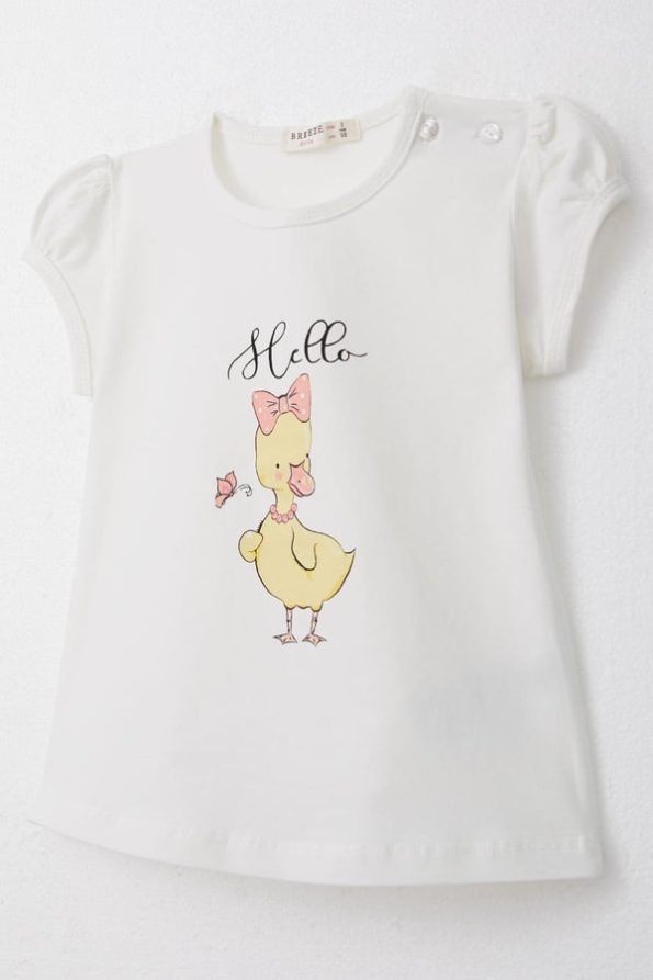 Girls' T-Shirt with Decorative Bow and Duck Print in Ecru (Ages 1-3)