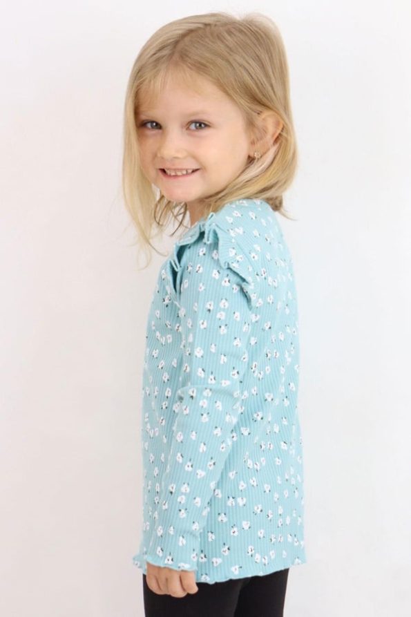 Girls' Long Sleeve Ruffled Floral T-Shirt in Aqua Green (2-6 Years)