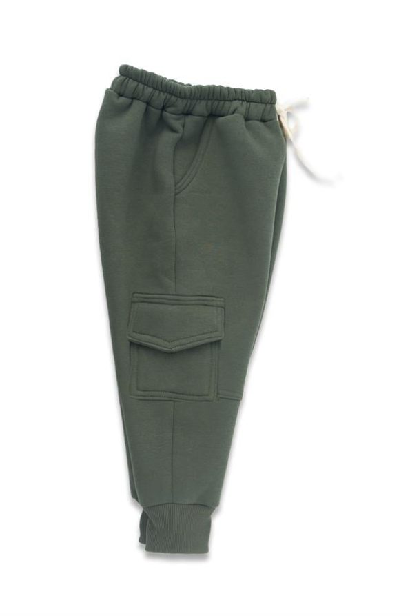 Kids' Tracksuit Set - Haki Fleece Lined Joggers with Side Pockets - Cream Cotton Sweatshirt