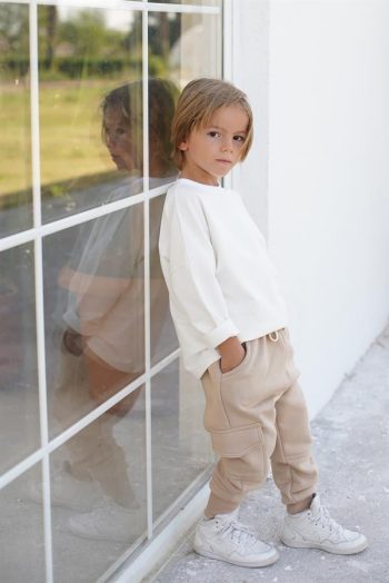 Kids' Tracksuit - Beige Fleece Lined Sweatpants with Side Pockets - Cream Cotton Sweatshirt