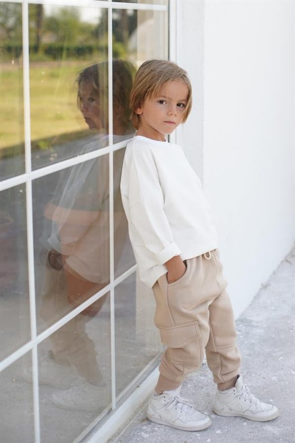 Kids' Tracksuit - Beige Fleece Lined Sweatpants with Side Pockets - Cream Cotton Sweatshirt