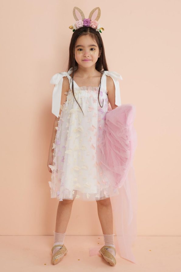 Multicolored Shoulder Tie Butterfly Appliqué Dress for Girls - Nikki