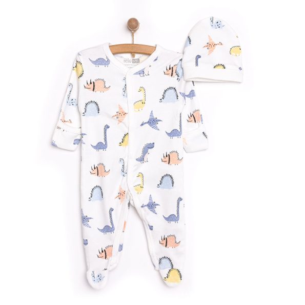 Newborn Baby Boy Dino Print Romper and Beanie Set
